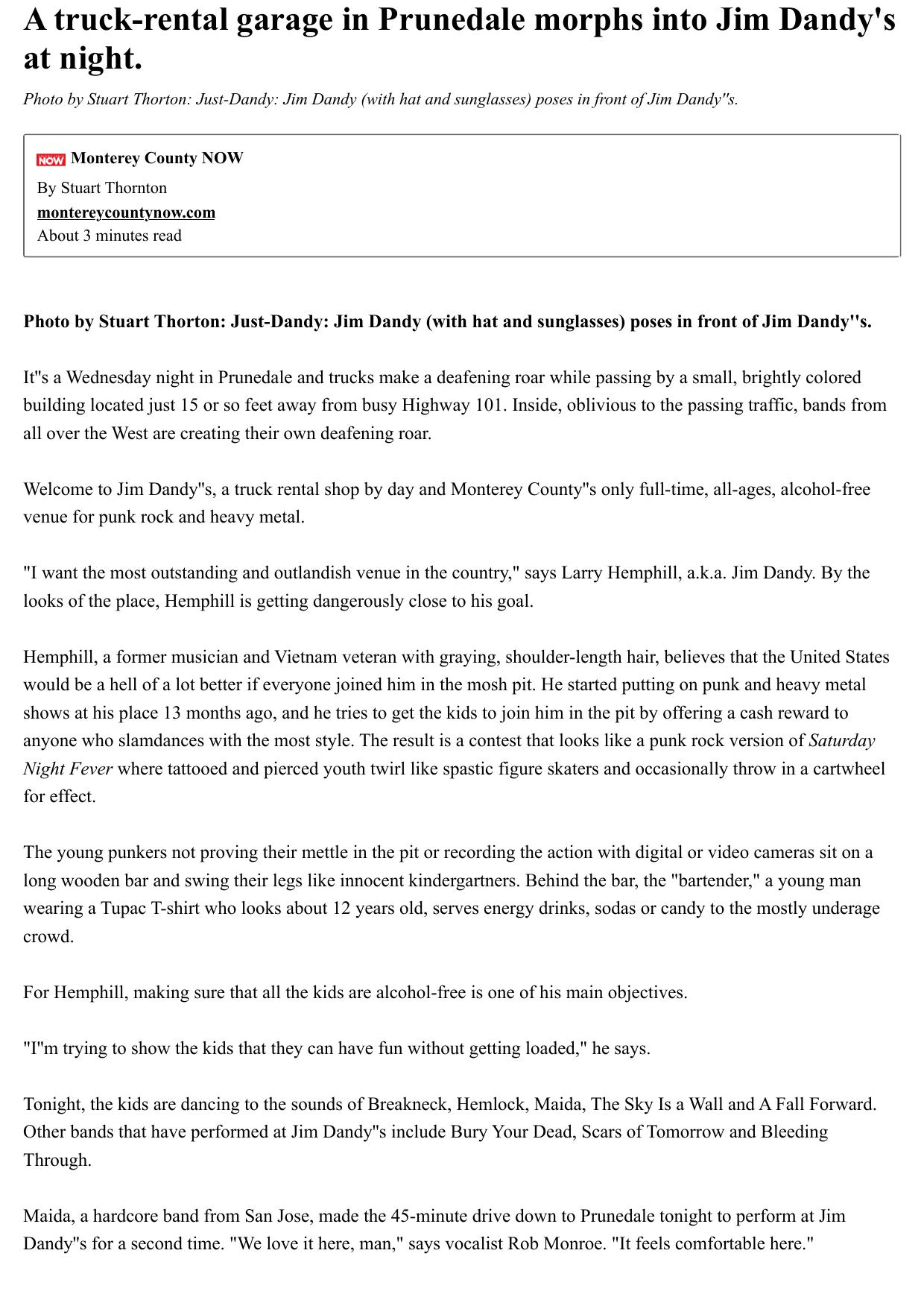 a truck-rental garage in prunedale morphs into jim dandy's at night.