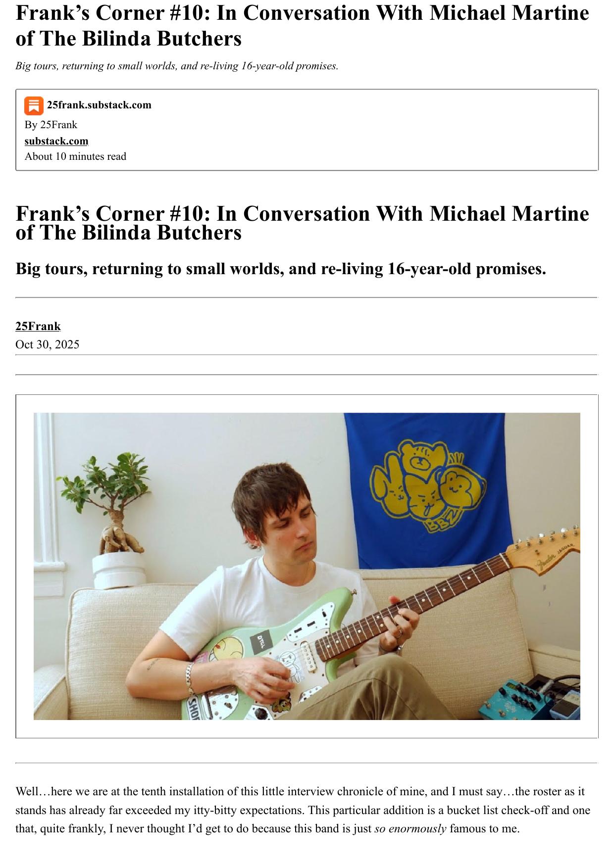 frank’s corner #10: in conversation with michael martine of the bilinda butchers