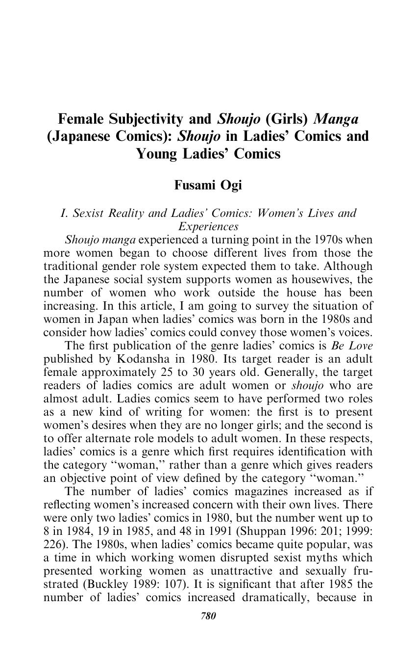 female subjectivity and shoujo (girls) manga (japanese comics): shoujo in ladies' comics and young ladies' comics